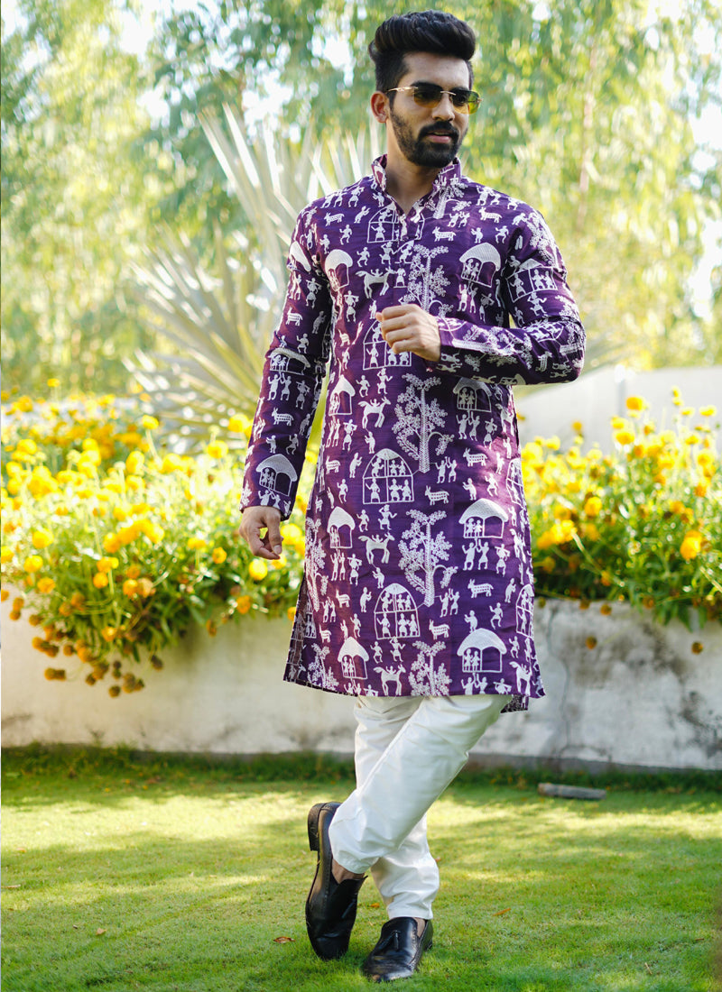 Prazu Fashion Violet Lucknowi Silk Kurta With Pajama | Grocsy