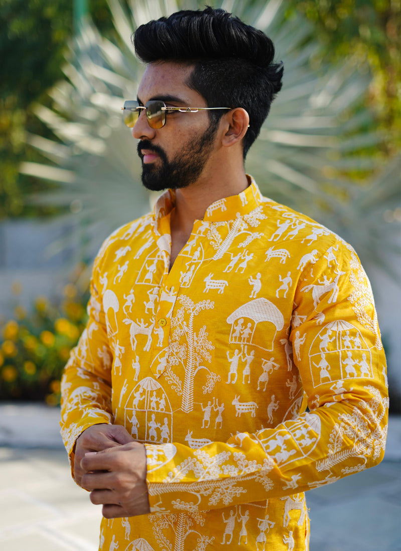 Prazu Fashion Yellow Lucknowi Silk Kurta With Pajama | Grocsy