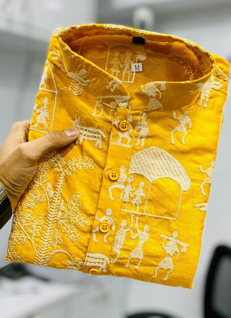 Prazu Fashion Yellow Lucknowi Silk Kurta With Pajama | Grocsy