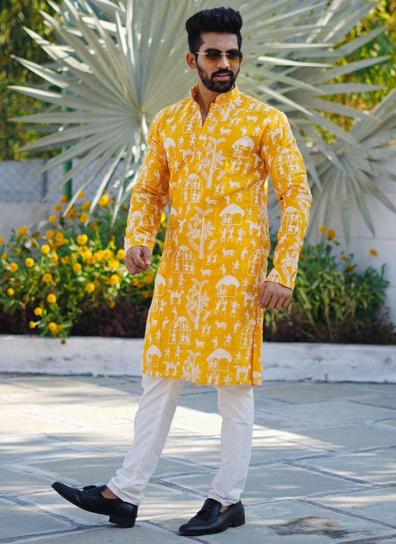 Prazu Fashion Yellow Lucknowi Silk Kurta With Pajama | Grocsy
