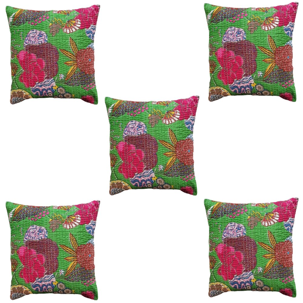 The Decor Nook Parrot Green Base With Multicolour Flowers Print Cushion Cover | Grocsy