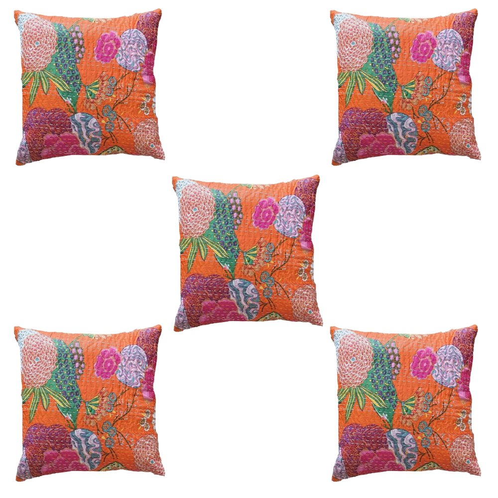 The Decor Nook Orange Base With Multicolour Flowers Print Cushion Cover | Grocsy