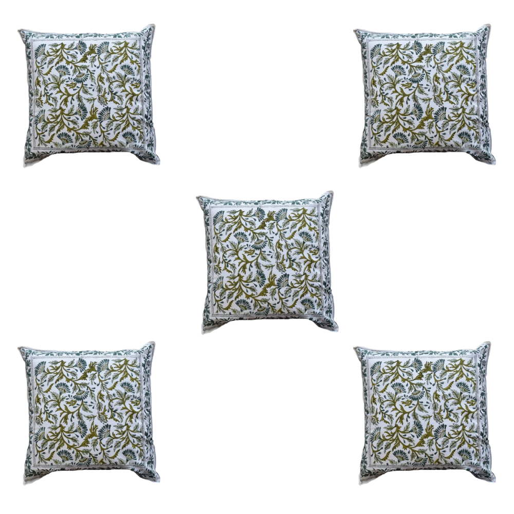The Decor Nook Green / Teal Leaf Print With Teal Border Cushion Cover | Grocsy