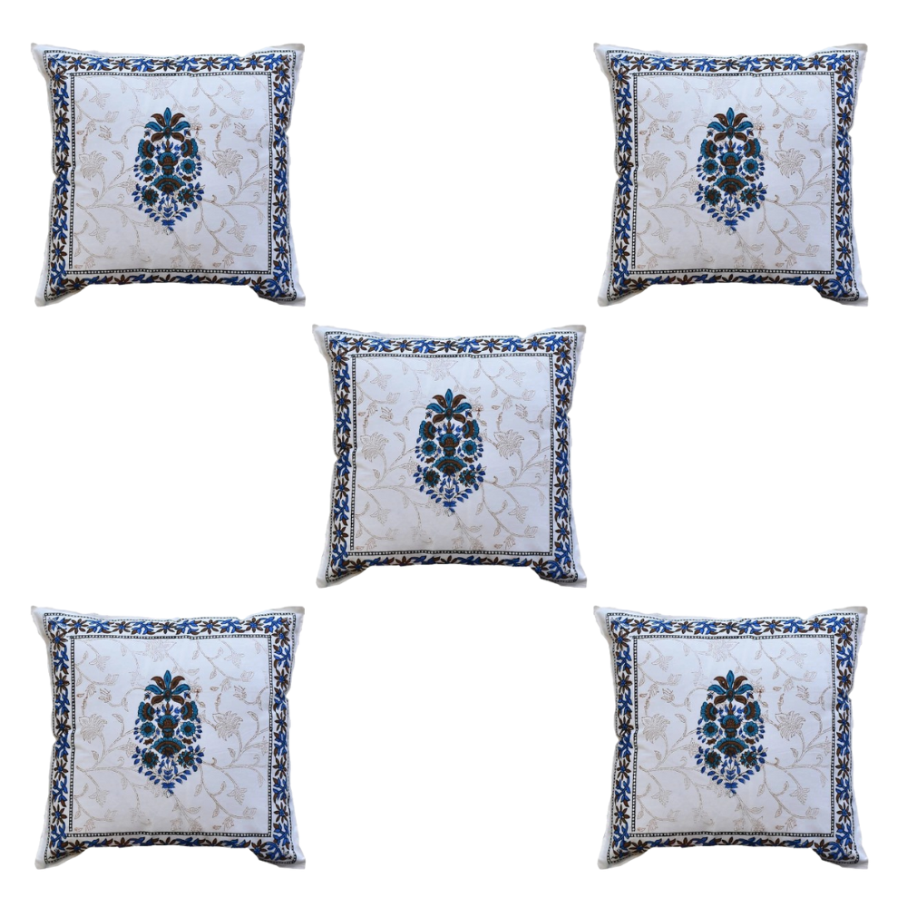 The Decor Nook Blue Floral Print With Blue Brown Border Cushion Cover | Grocsy