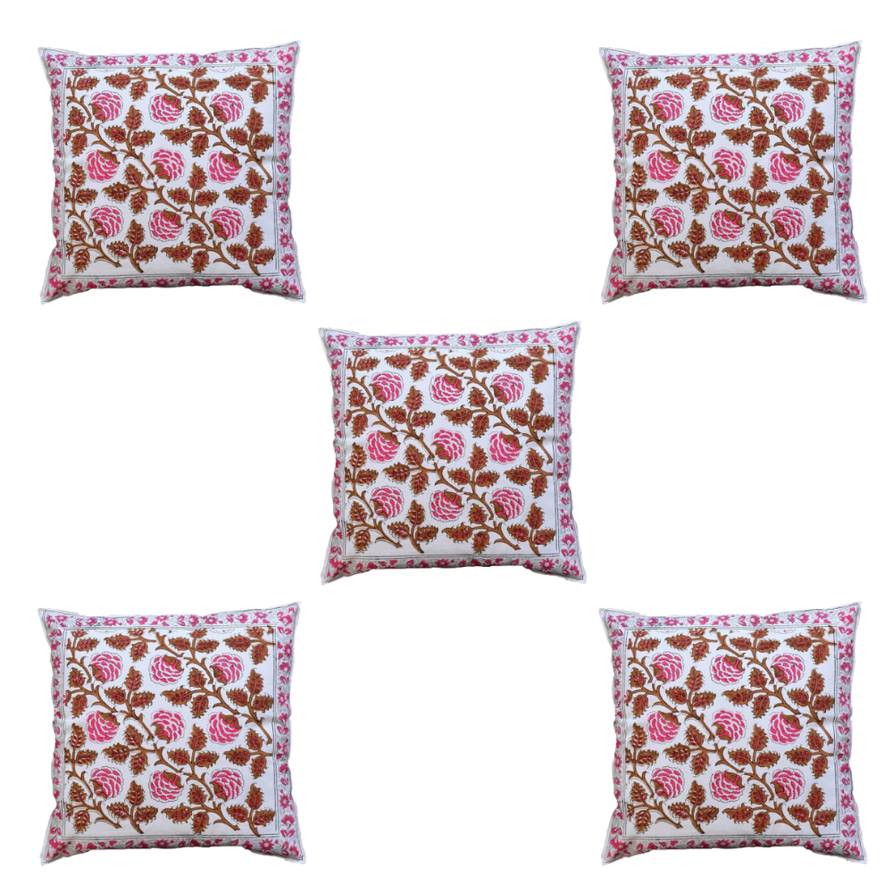 The Decor Nook Pink Brown Floral Print With Pink Border Cushion Cover | Grocsy