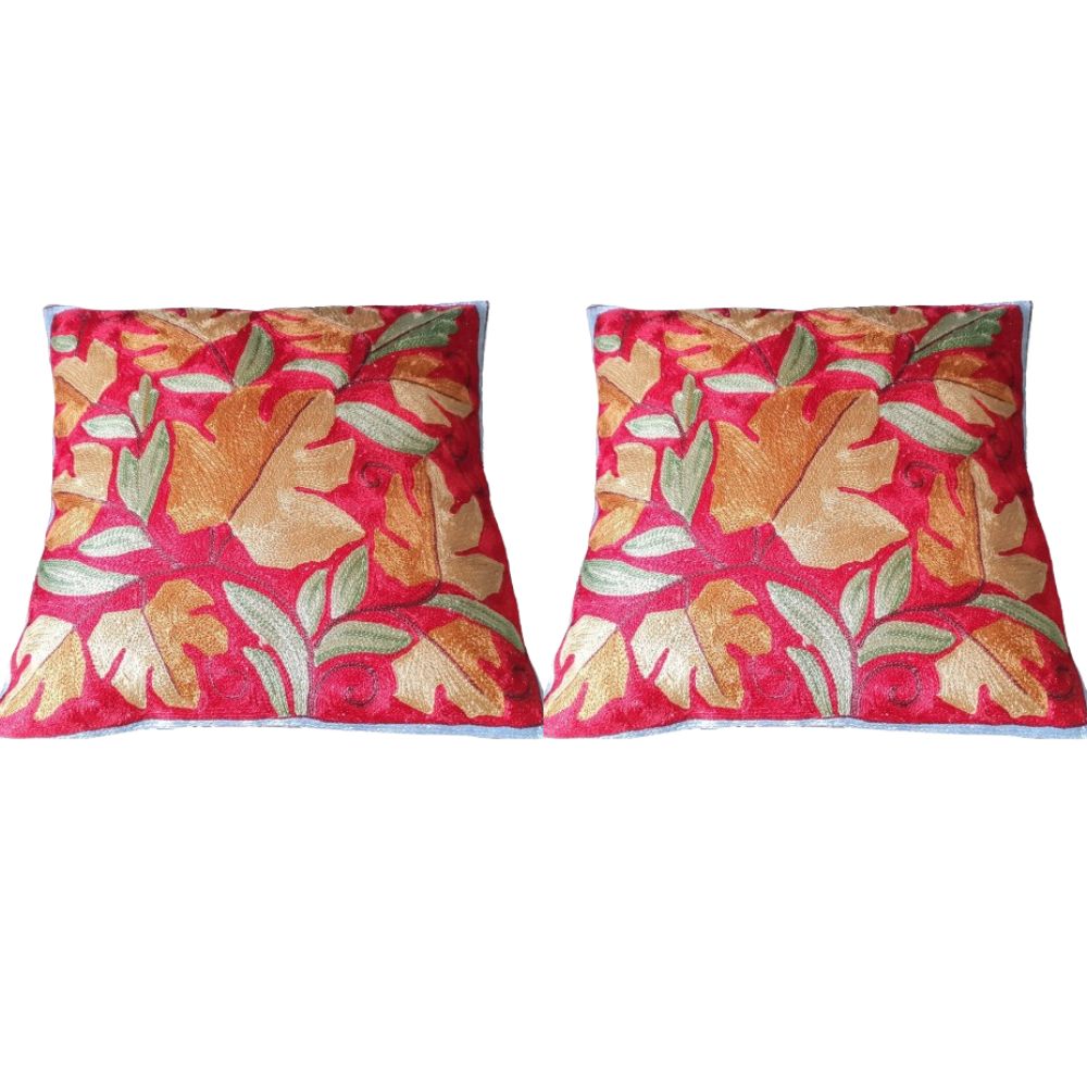 The Decor Nook Hand Embroidered Crewel Cushion Covers in Mustard Chinar Leaf Motif with Red Base | Grocsy