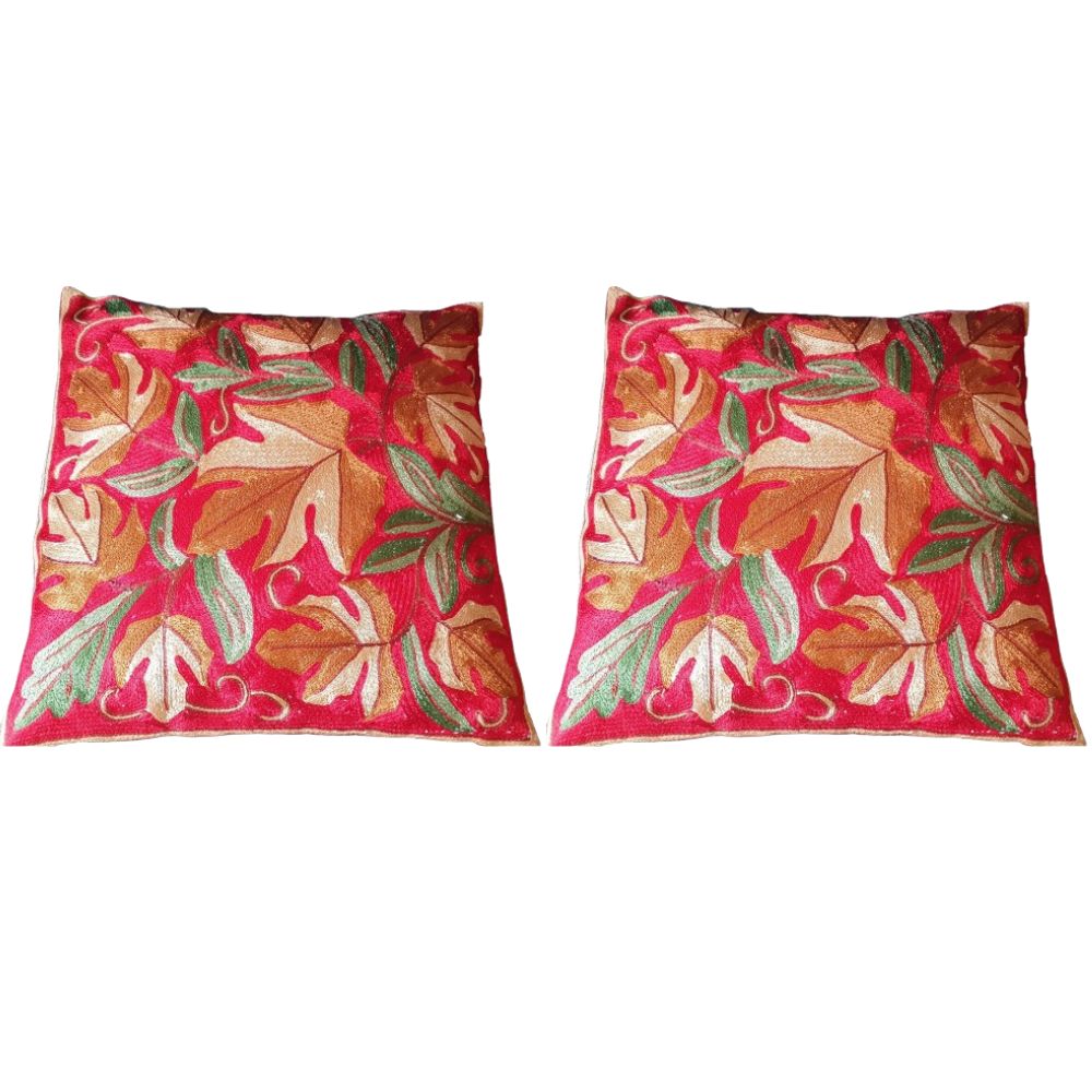 The Decor Nook Hand Embroidered Crewel Cushion Covers in Mustard/ Off White Chinar Leaf Motif with Red Base | Grocsy