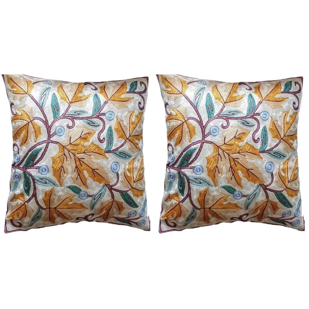 The Decor Nook Hand Embroidered Crewel Cushion Covers in Mustard & Chinar Leaf Motif with Off White Base | Grocsy