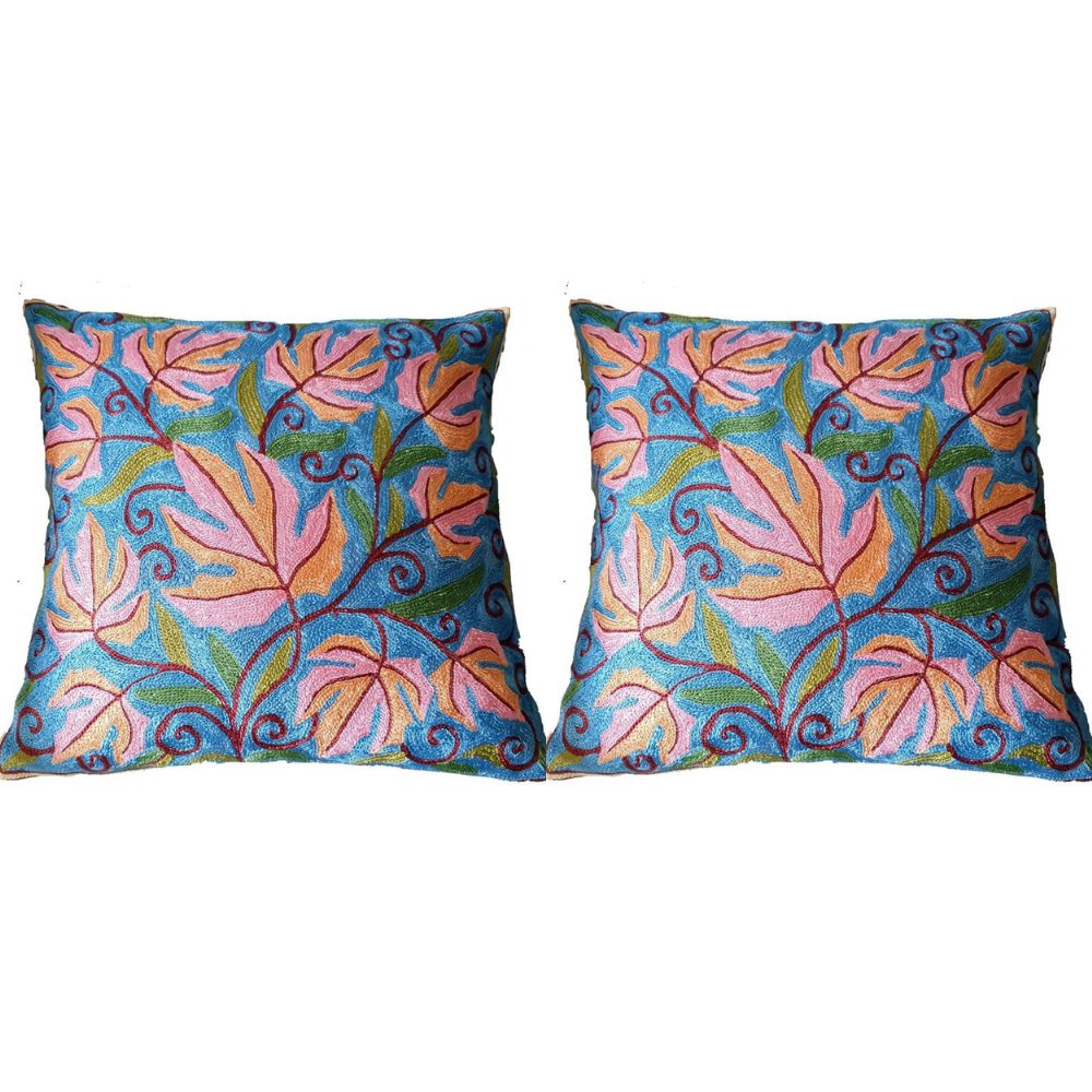 The Decor Nook Hand Embroidered Crewel Cushion Covers in Colar Pink & Chinar Leaf Motif with Blue Base | Grocsy