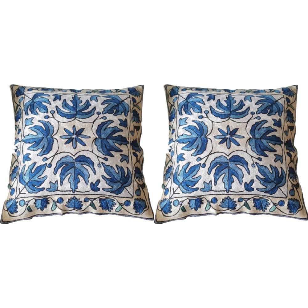 The Decor Nook Hand embroidered Crewel Cushion Covers in Blue Chinar Leaf Motif with Off White Base | Grocsy