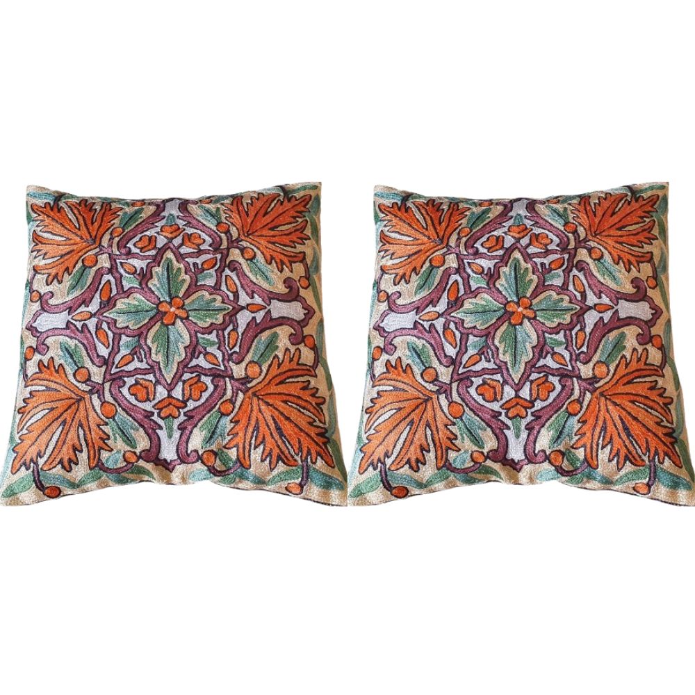 The Decor Nook Hand Embroidered Crewel Cushion Covers in Mustard & Chinar Leaf Motif with Teal Green Leaves | Grocsy