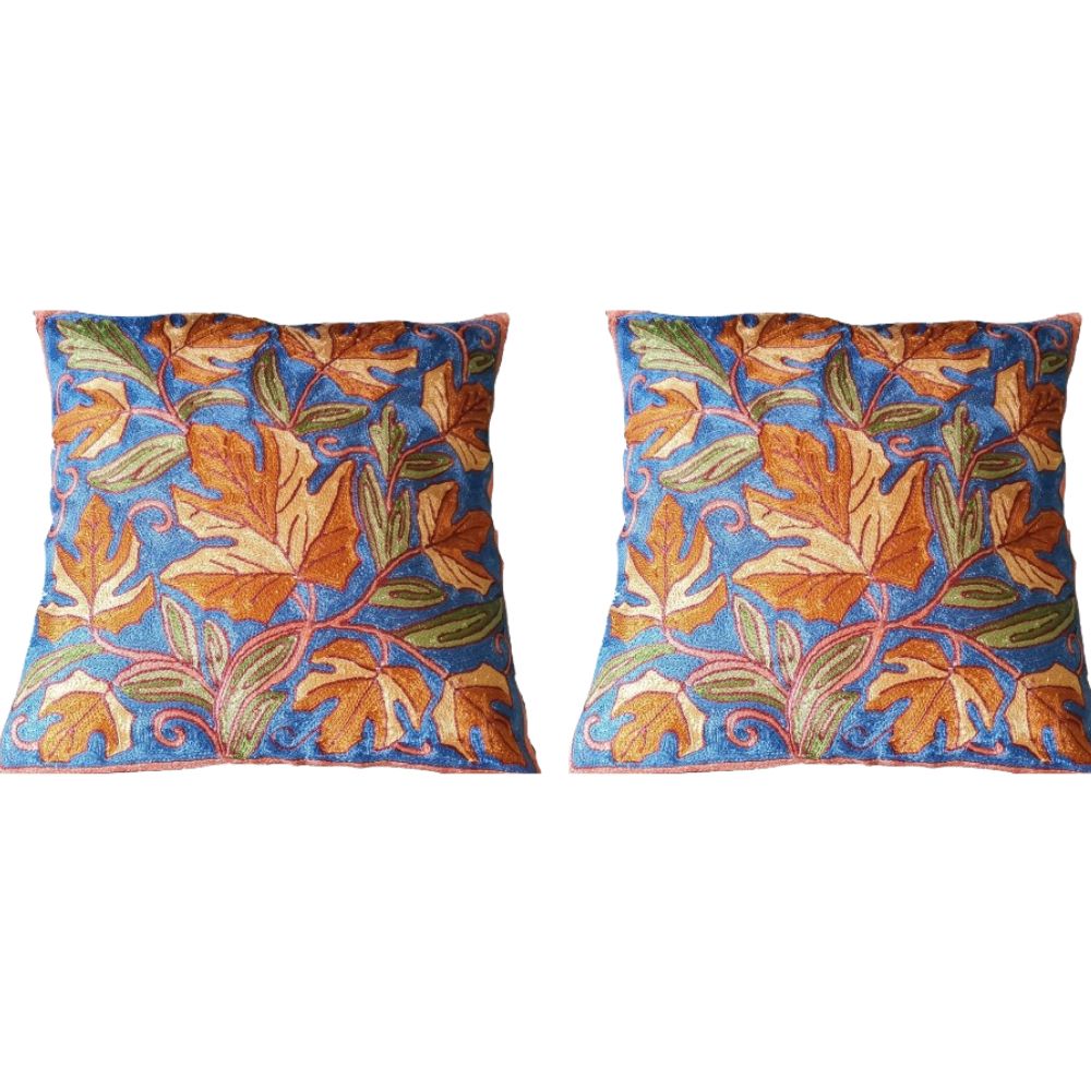 The Decor Nook Hand Embroidered Crewel Cushion Covers in Mustard & Off White Chinar Leaf Motif with Navy Blue Base | Grocsy