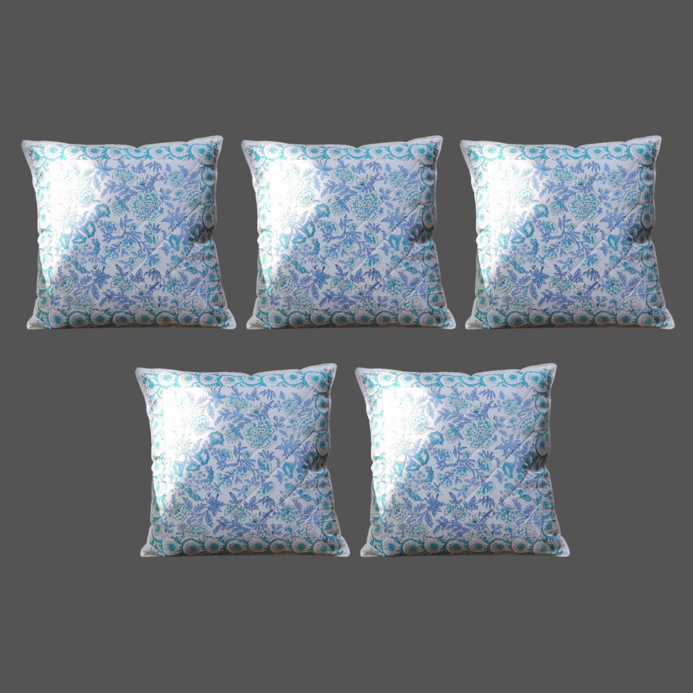 The Decor Nook Peony Floral Print Cushion Cover in Soothing Blue And Green Colour | Grocsy
