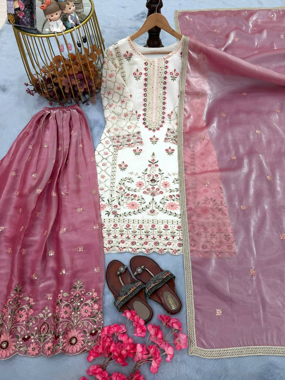 Teeya Creation Multi Color Pure Silk Gimmy Silk Heavy Embroidery Work Wedding Wear Palazzo Pair | Grocsy