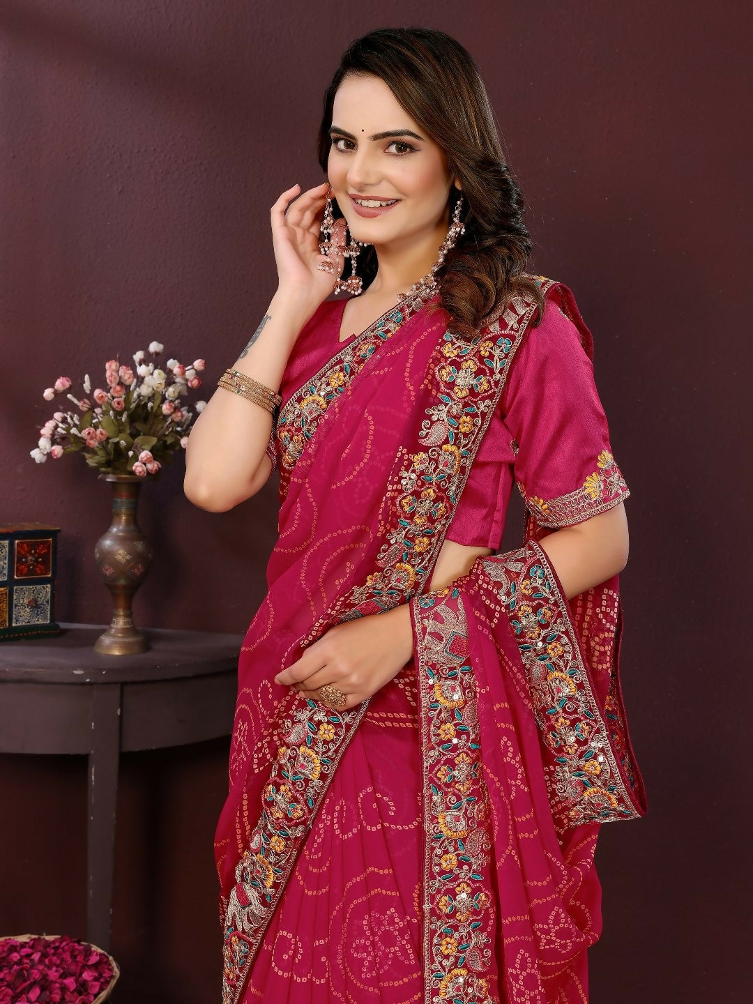 Ai Fashion Magenta Georgette Digital Print Party Wear Saree | Grocsy