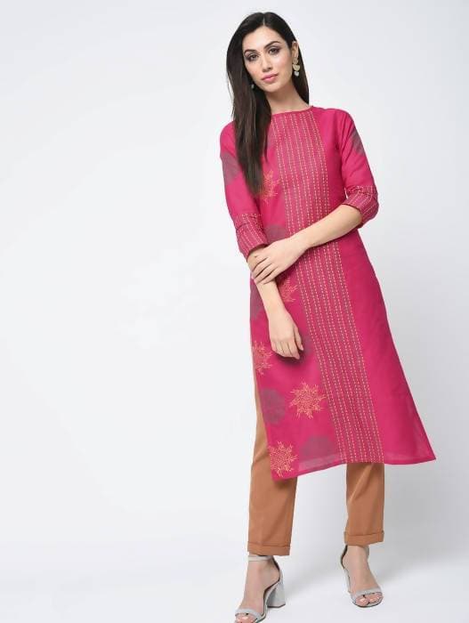 Aniyah Cotton Block Printed Straight Kurta Magenta Color (AN-127K) | Grocsy