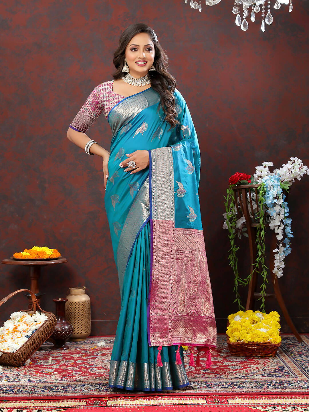 Lorenvalley Fashion Rama Soft Silk Woven Design Zari Weaving Saree | Grocsy