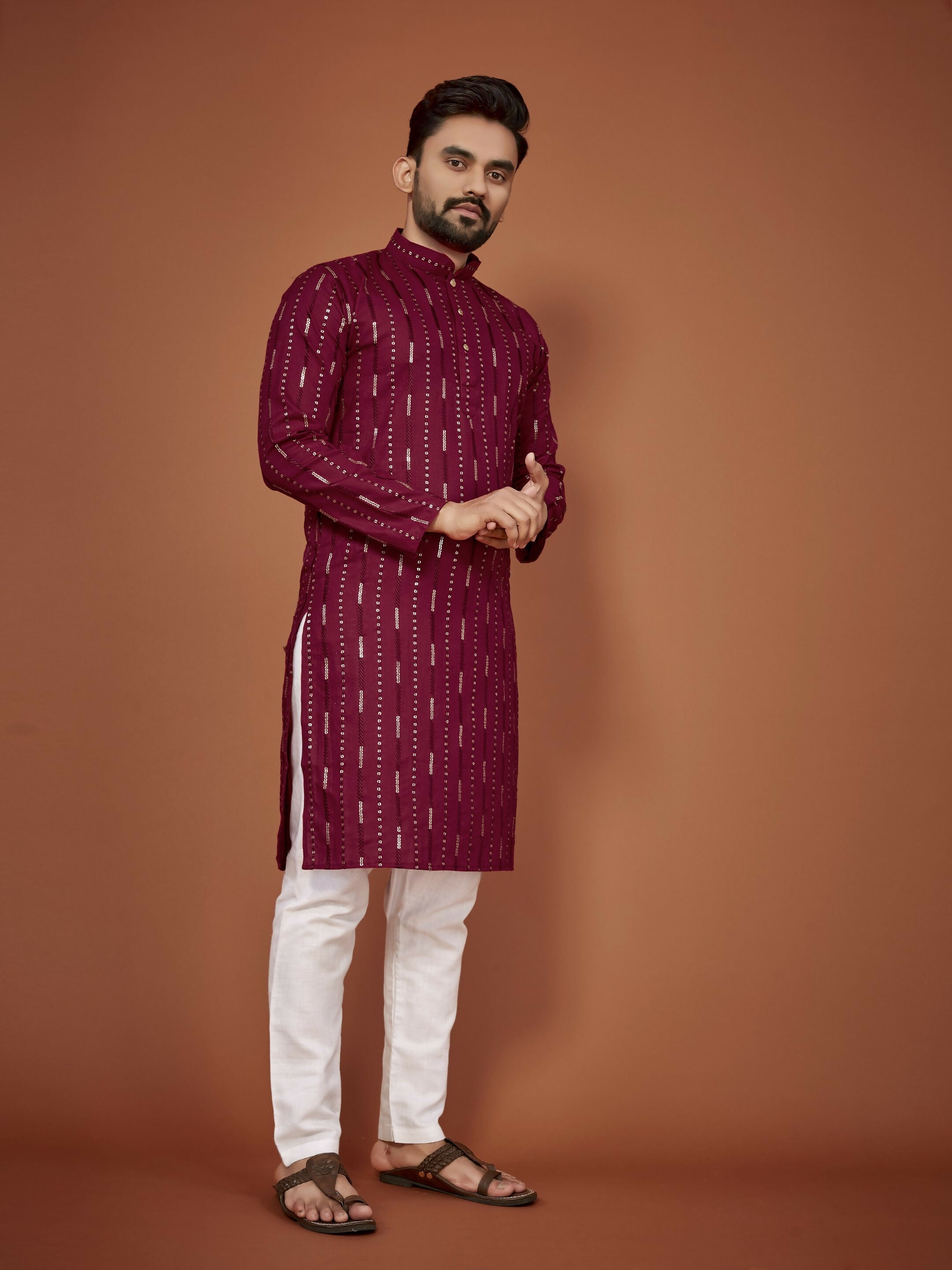 Anaita Maroon Embroidered Cotton Straight Kurta | Grocsy