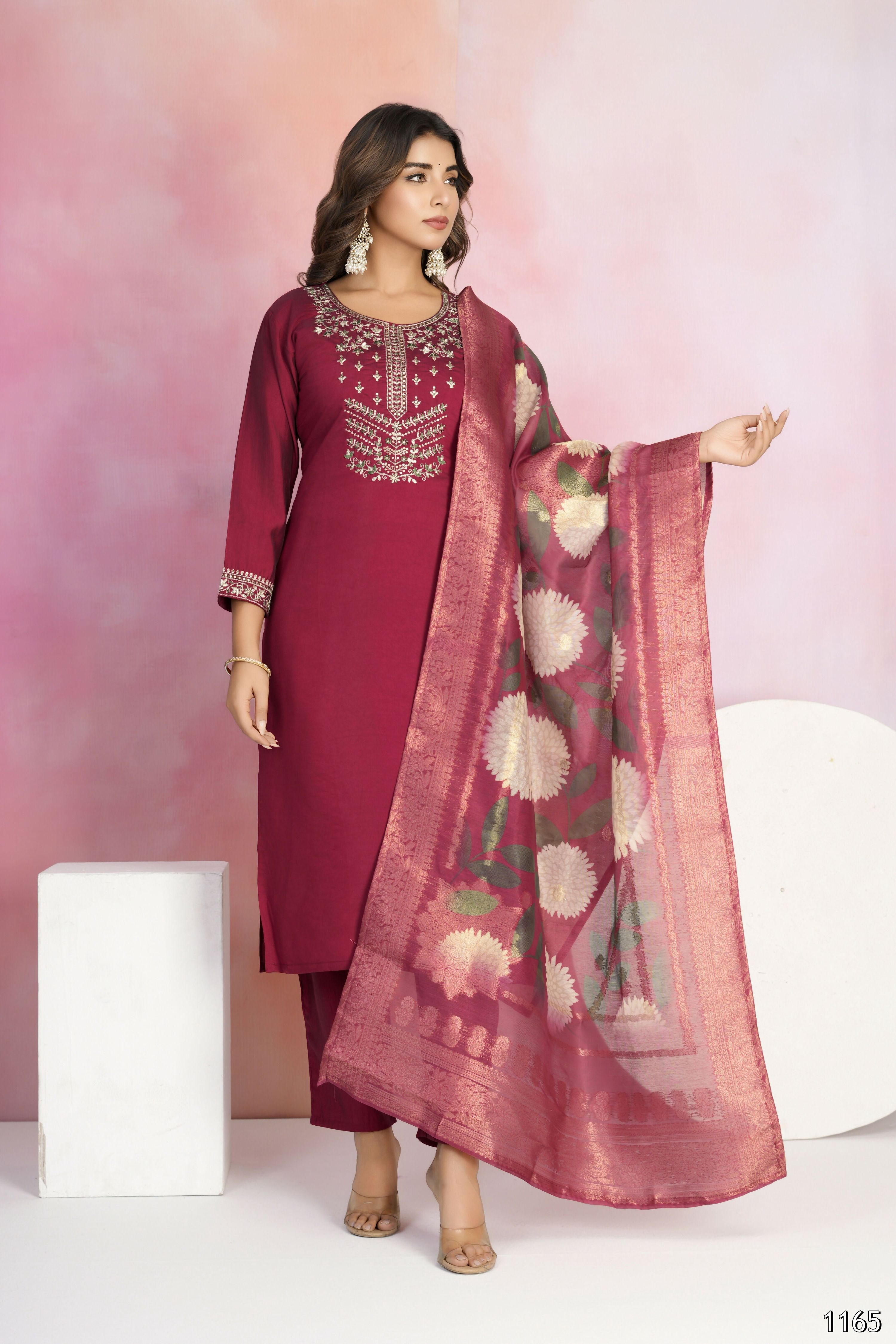 Ethnic Festive Wear Viscose Chanderi Maroon Stitched Suit With Dupatta - Tanisha | Grocsy