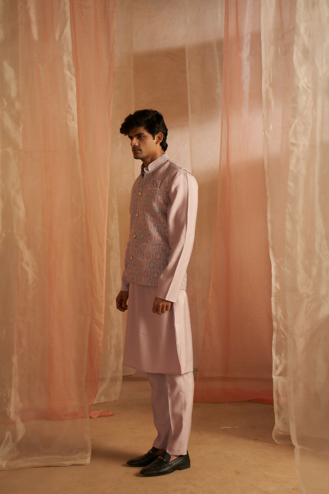 Purple Viscose Designer Printed Men's Kurta Set with Koti - Mahotsav | Grocsy
