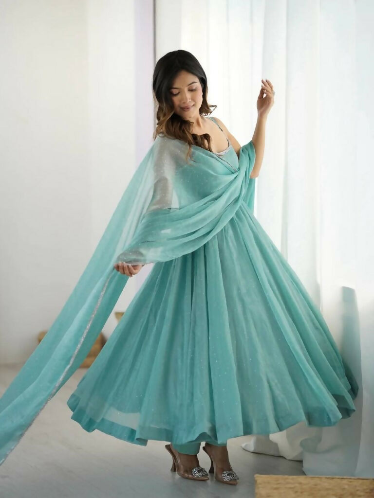 Teeya Creation Sky Color Crunchy Silk Serosky Work Party Wear Gown | Grocsy