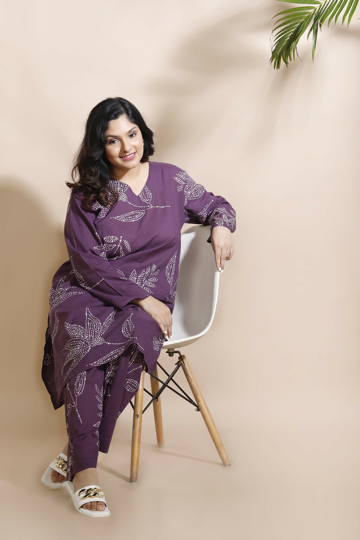 Breathables Women’S Purple Cotton Abstract Print Loungewear Co-Ord Set – Long Kurta & Pants | Grocsy