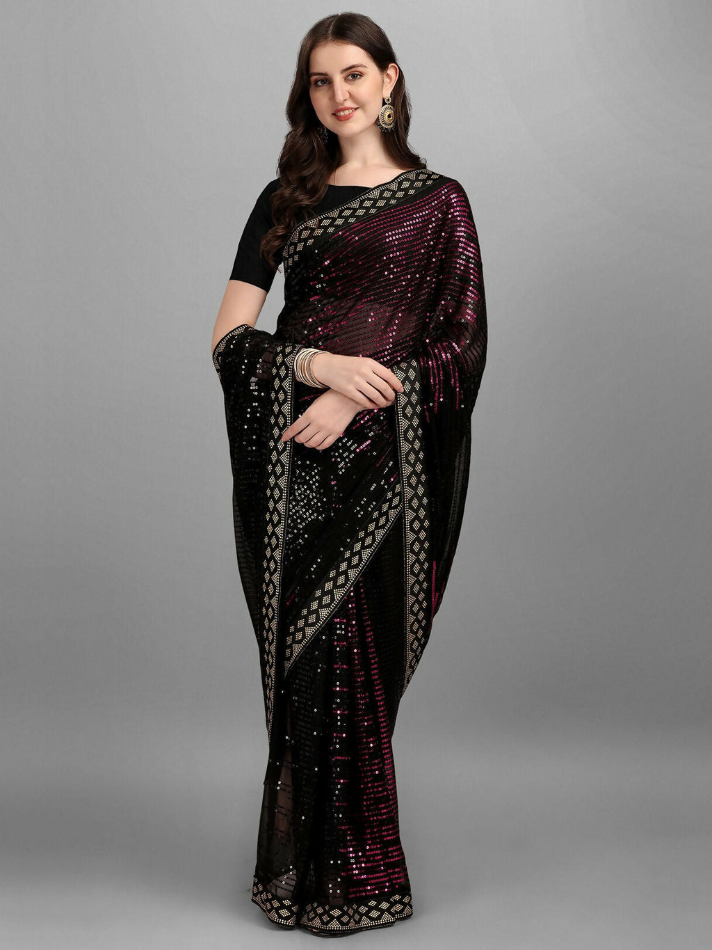 Vegaa Fashion Black Georgette Embroidered Party Wear Saree | Grocsy