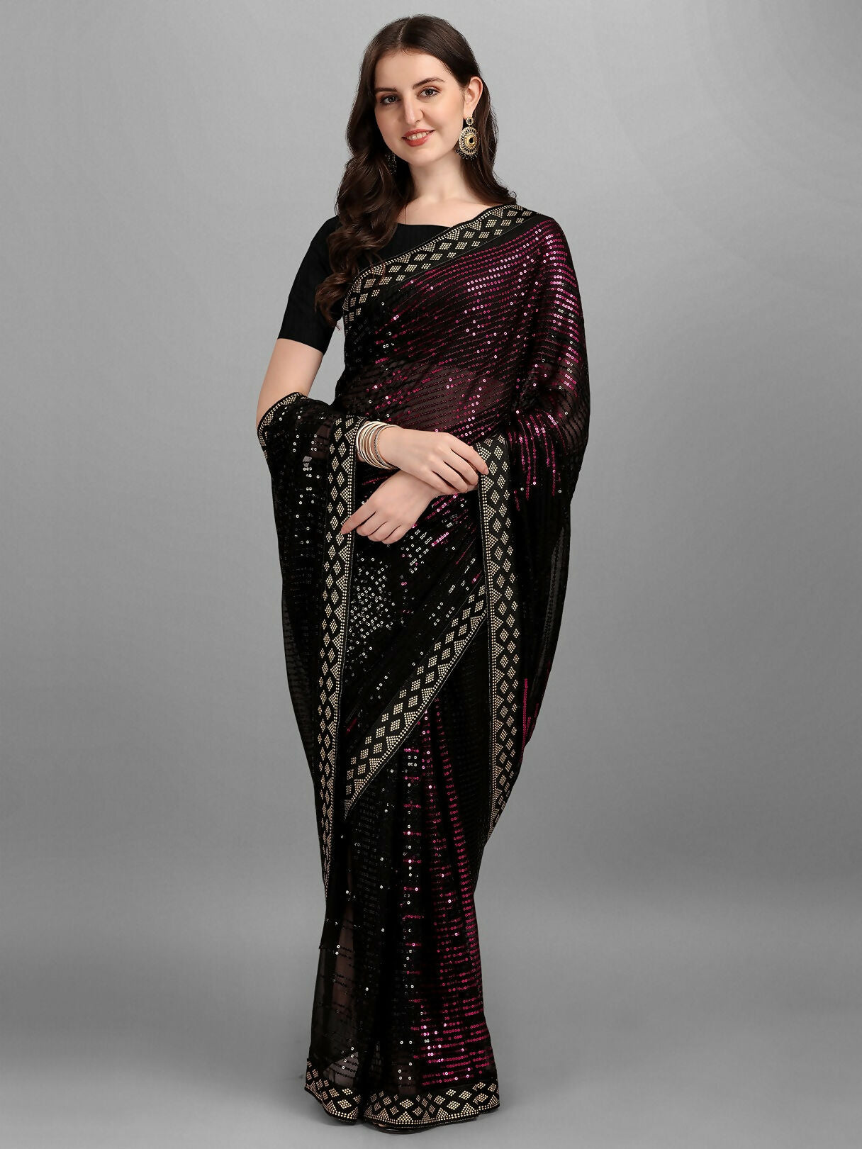 Vegaa Fashion Black Georgette Embroidered Party Wear Saree | Grocsy