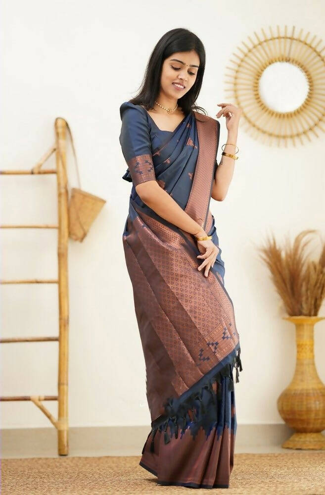DEIANA'S Beautiful Designer Golden zari Soft Lichi Silk Saree - Navy Blue | Grocsy
