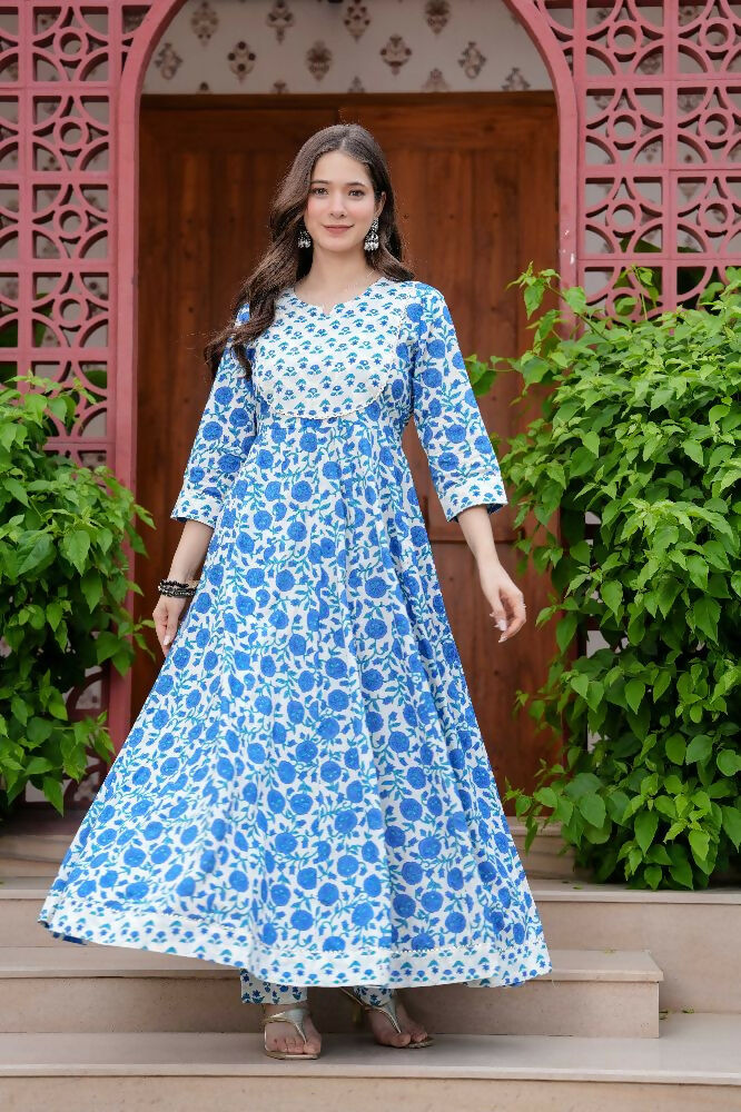 Jaimini Women Cotton Printed Round Neck Calf Length Flared Kurta Pant And Dupatta Set | Grocsy