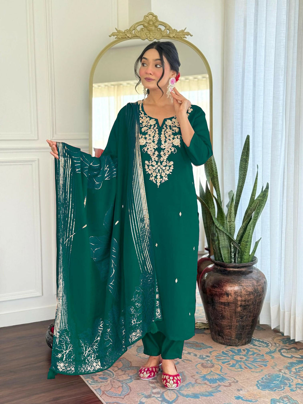 The52 Women Gorgeous Roman Silk Fabric Straight Kurta, Pant and Dupatta Set | Grocsy