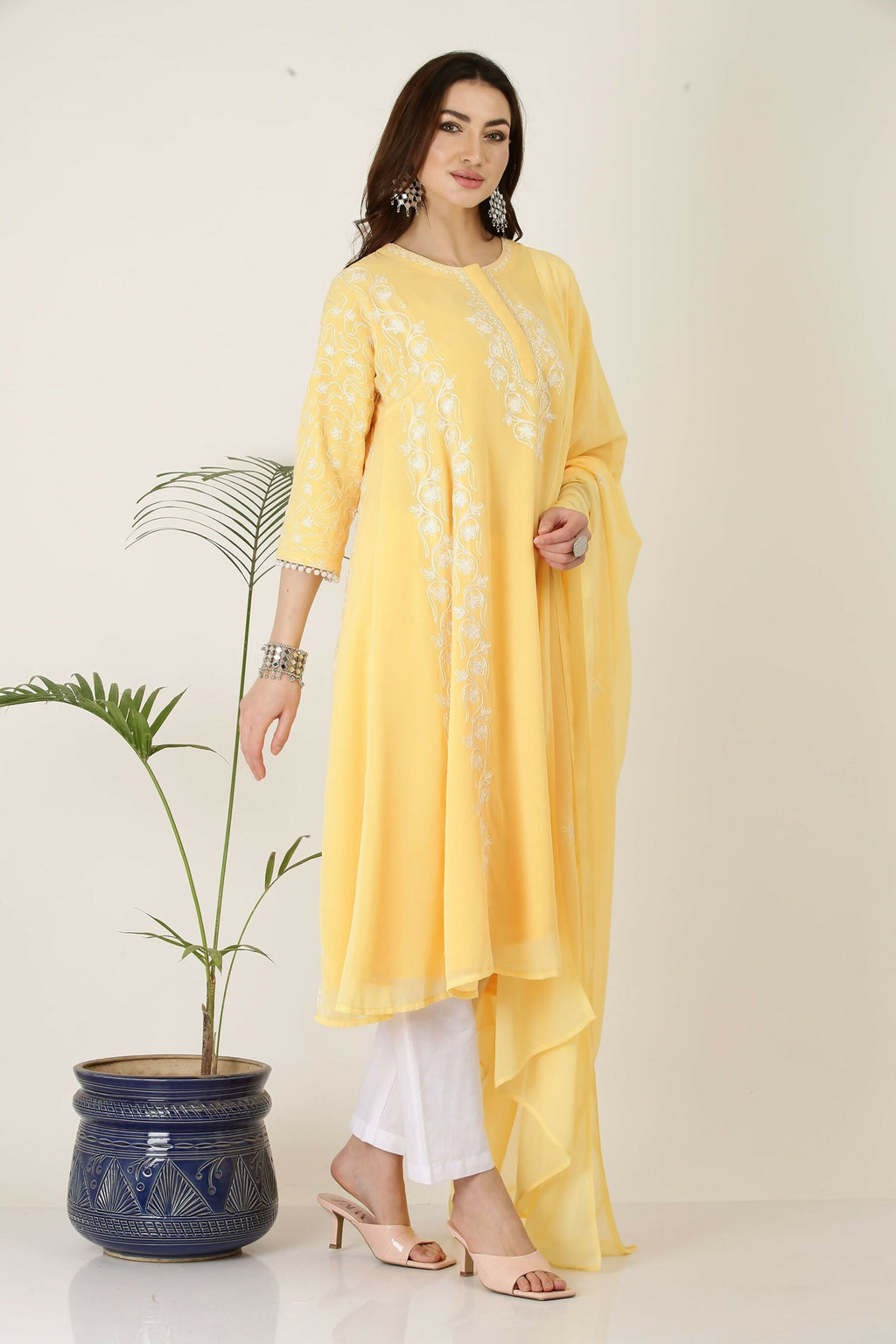 Joban Fashion Yellow&White Georgette Kurta Set | Grocsy