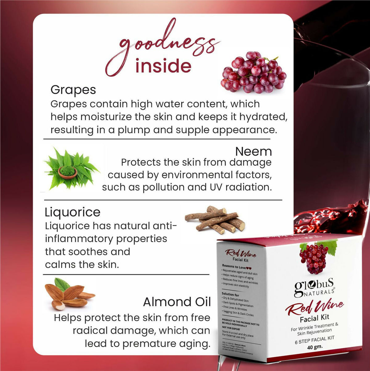 Globus Naturals Anti-Ageing Red Wine 6 Step Facial Kit | Grocsy