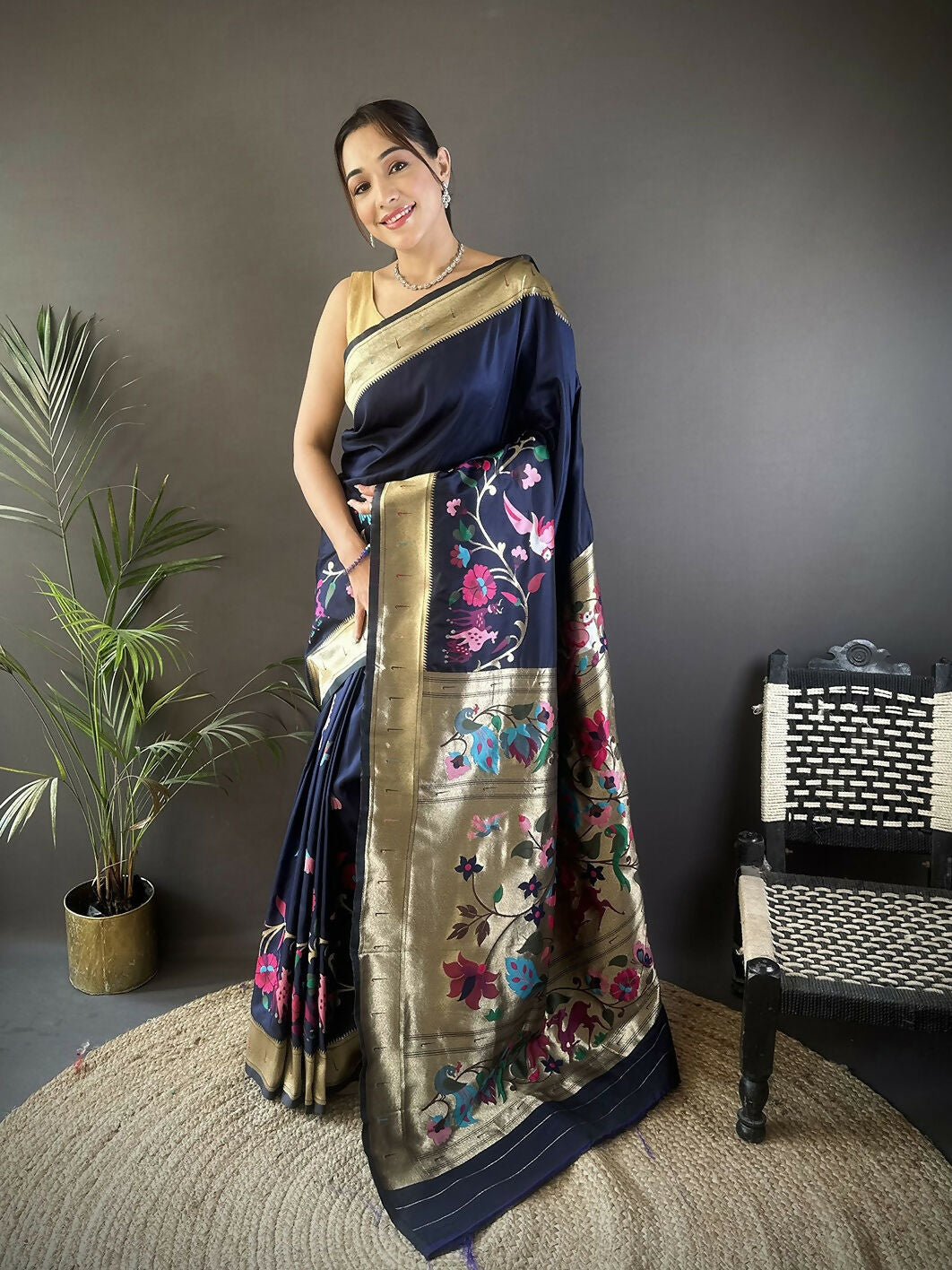 Joban Fashion Navy Blue Floral Paithani Sarees | Grocsy