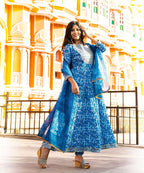 Yufta Women Blue Printed Pure Cotton Anarkali Kurta with Trouser & With Dupatta | Grocsy