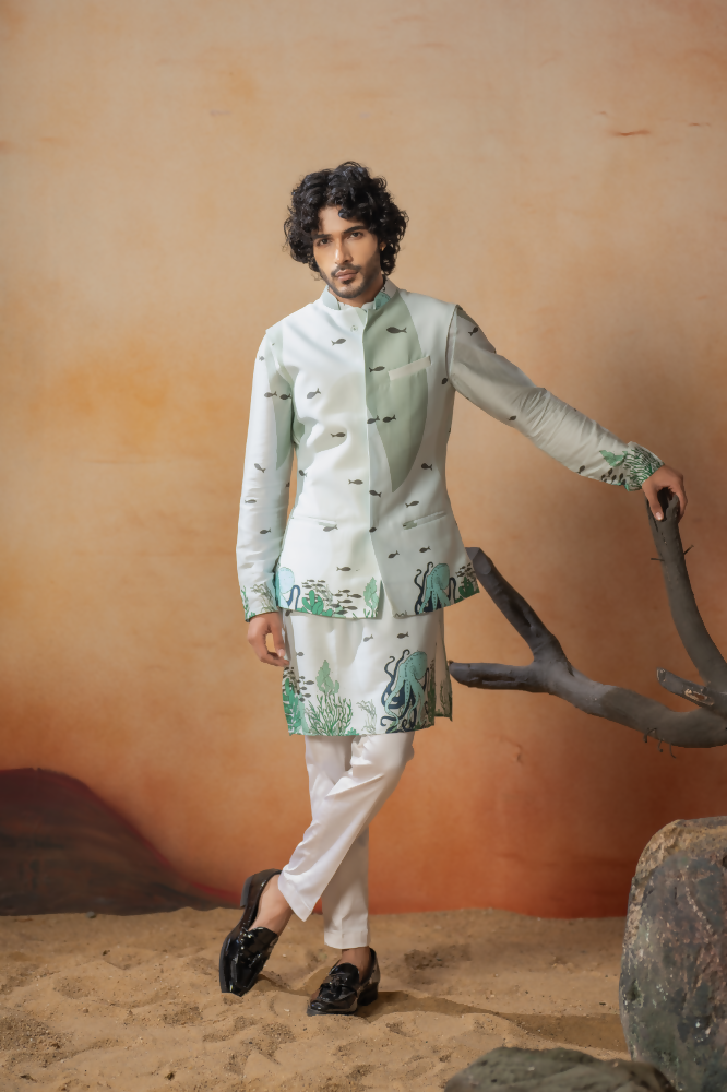 Seabed Serenity Cotton Satin Nehru Jacket by Hilo Design | Grocsy