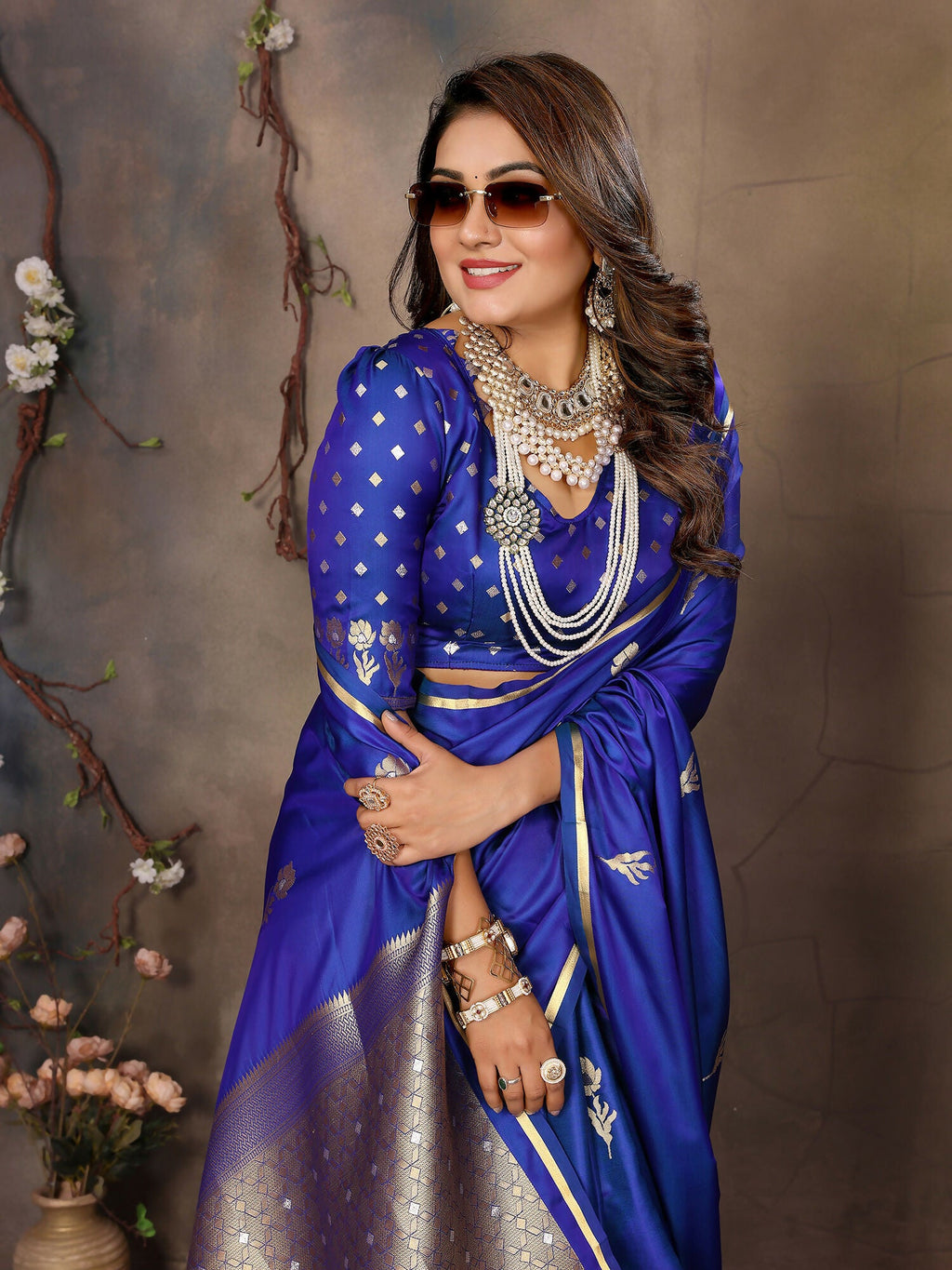 Joban Fashion Royal Blue Floral & Botanical Motifs Satin Silk Banarasi Silk Saree | Grocsy