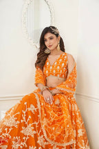 Aastha Fashion Orange Butterfly Net White Cotton Thread Work And Sequence Work Embroidery Wedding Wear Lehenga Choli | Grocsy