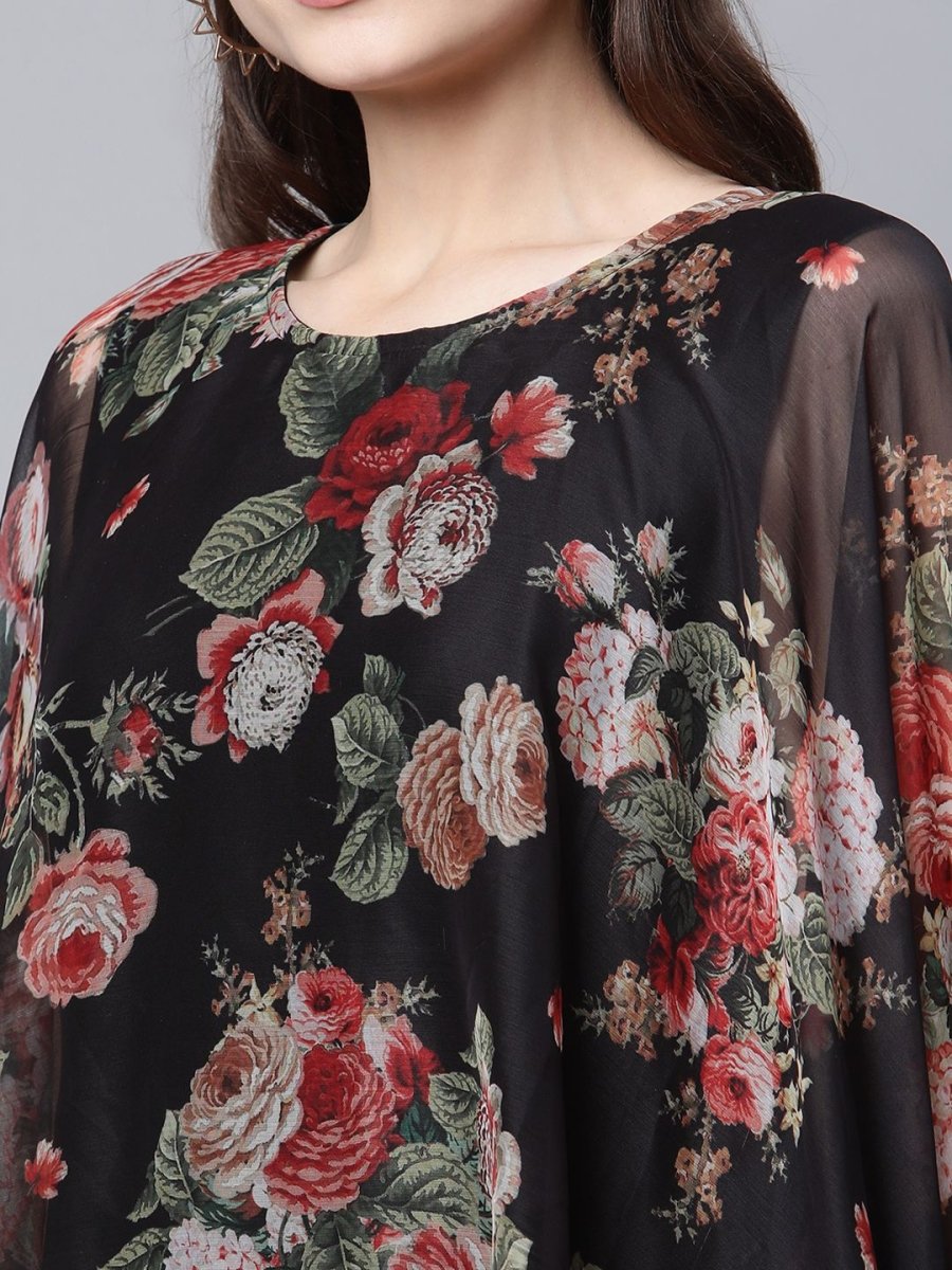 Ahalyaa Women Black Crepe Dress With Attached Dupatta | Grocsy