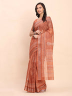 Shree Shyam Fashion Linen Cotton Rust Saree | Grocsy