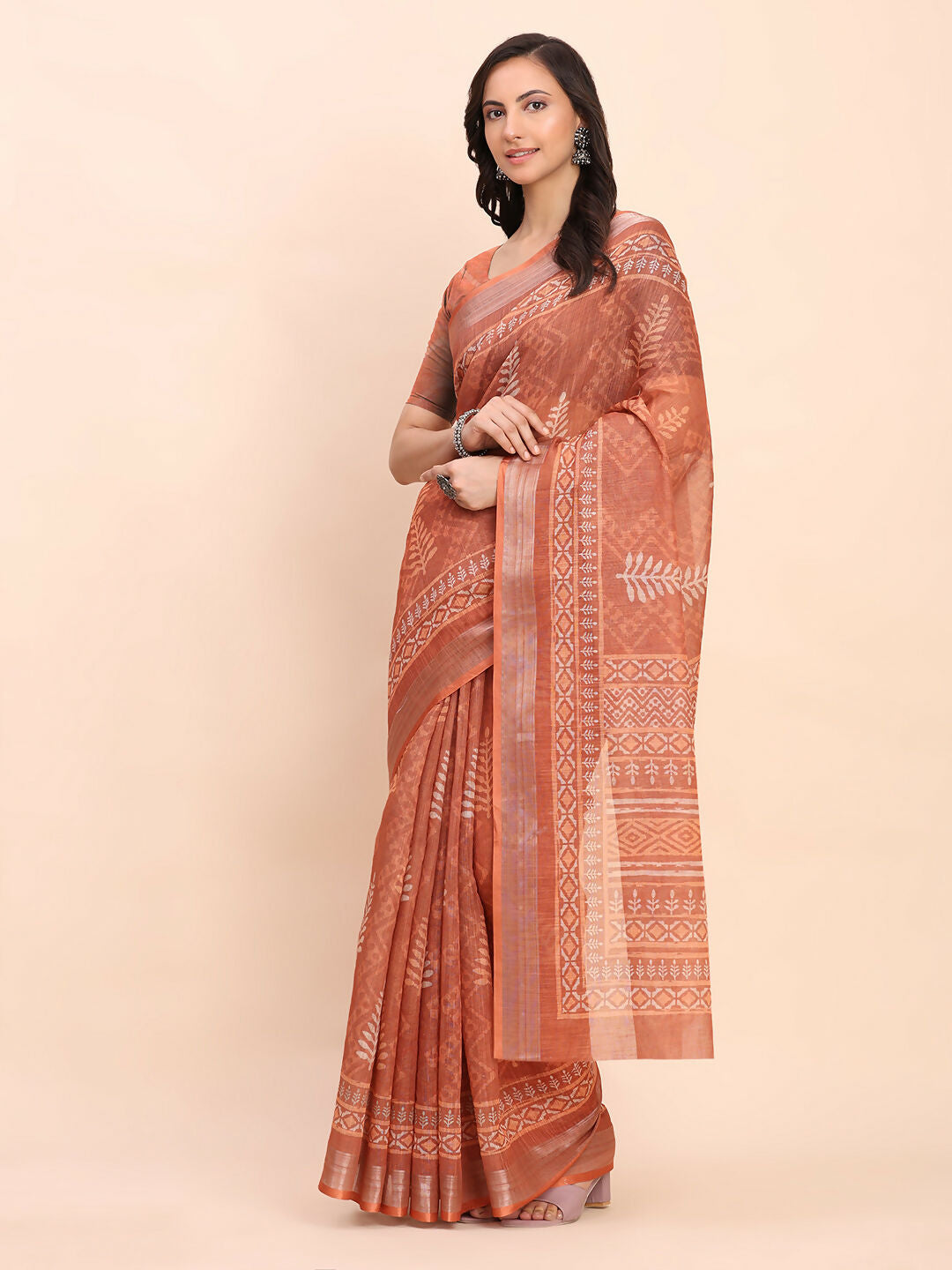 Shree Shyam Fashion Linen Cotton Rust Saree | Grocsy