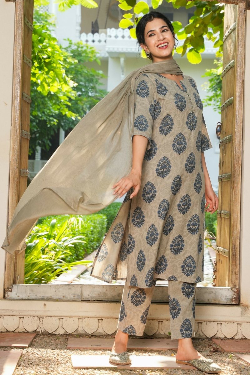 Aramya A-line Linen Cotton Floral Print Women's Kurta - Grey | Grocsy
