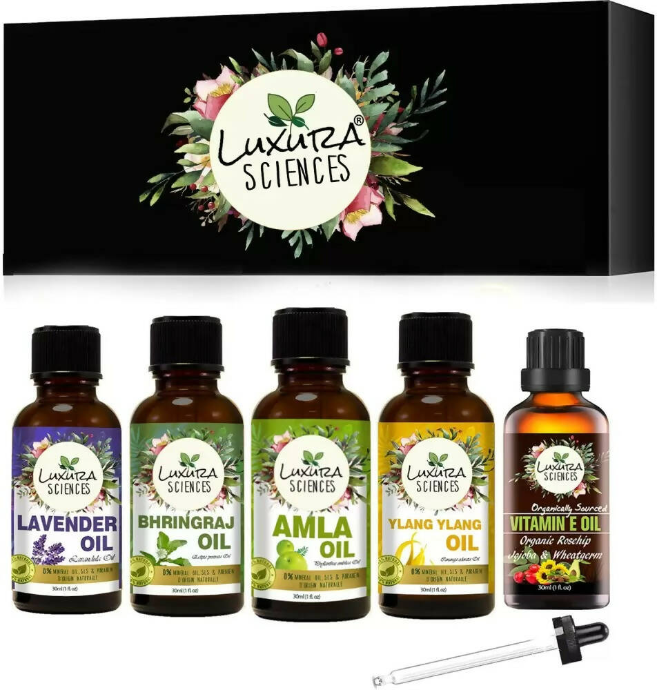 Luxura Sciences Organic Essential Oils for Hair Growth - Lavender Oil, Bhringraj Oil, Amla Oil, Ylang Ylang Oil, Vitamin E Oil | Grocsy
