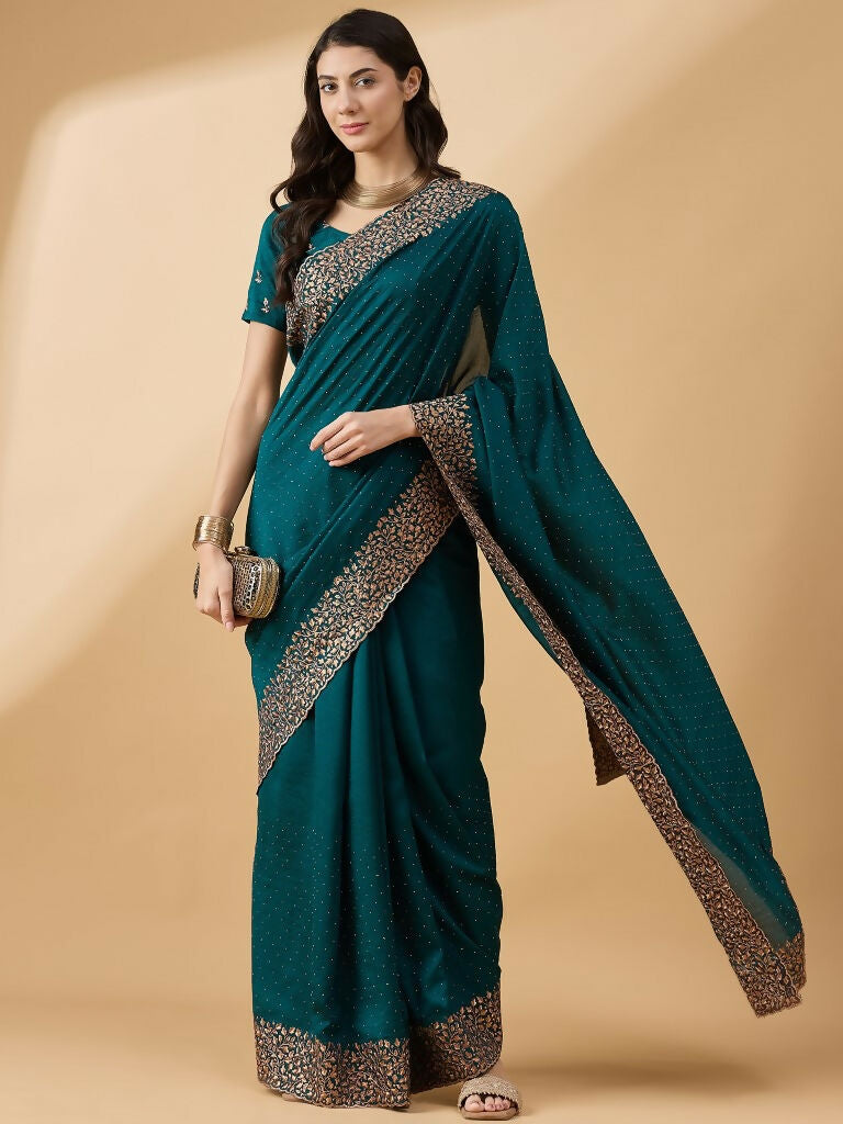 Teal Silk Blend Embroidered Saree with Unstitched Blouse - Vairagi | Grocsy
