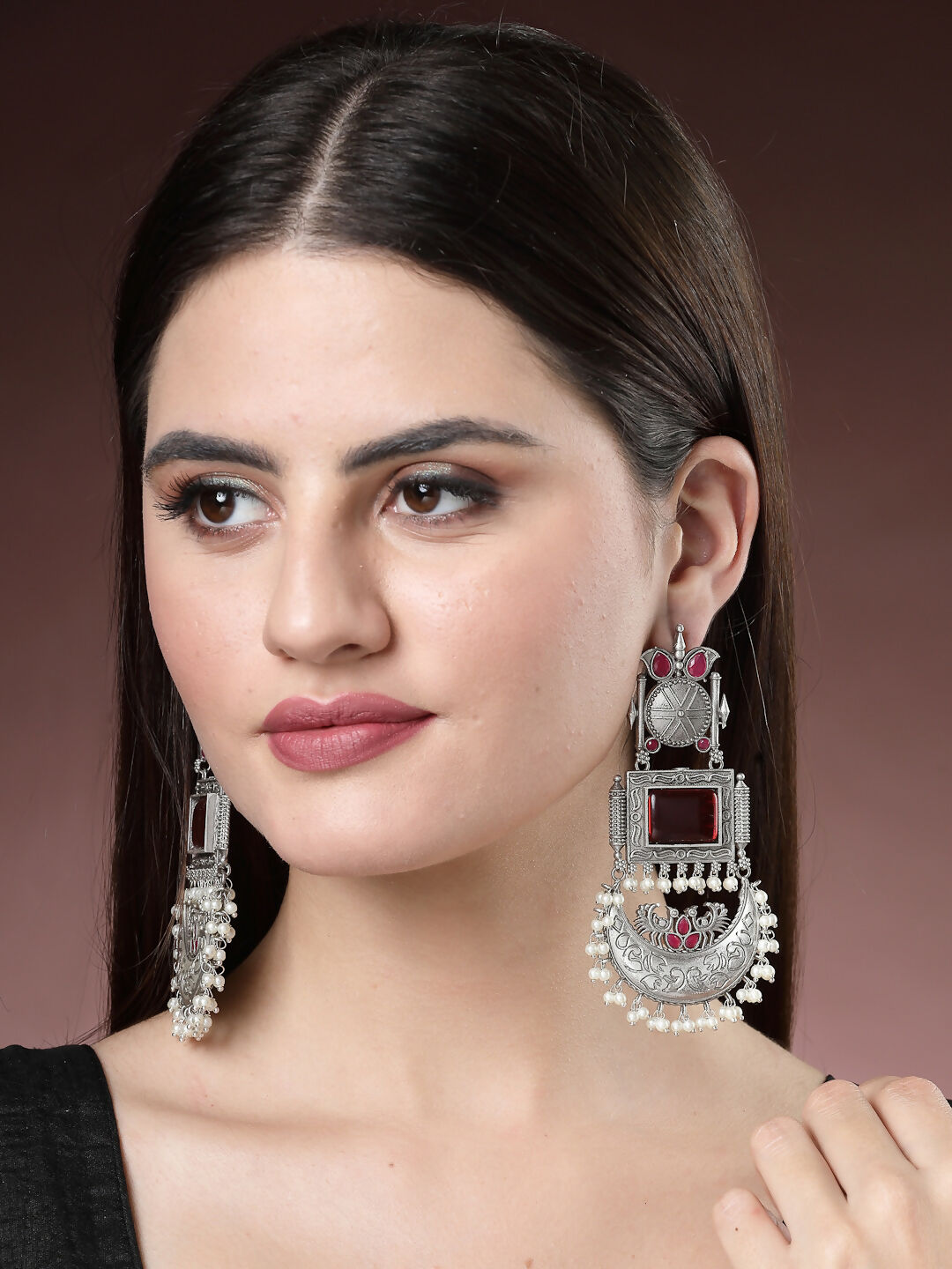 NVR Women's Silver-Plated Artificial Stones and Beads Chandbali Earrings | Grocsy