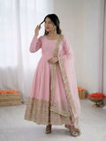 Teeya Creation Womens New Pastel Pink Solid Anarkali Kurta With Heavy Embroidered Border Gown Set | Grocsy