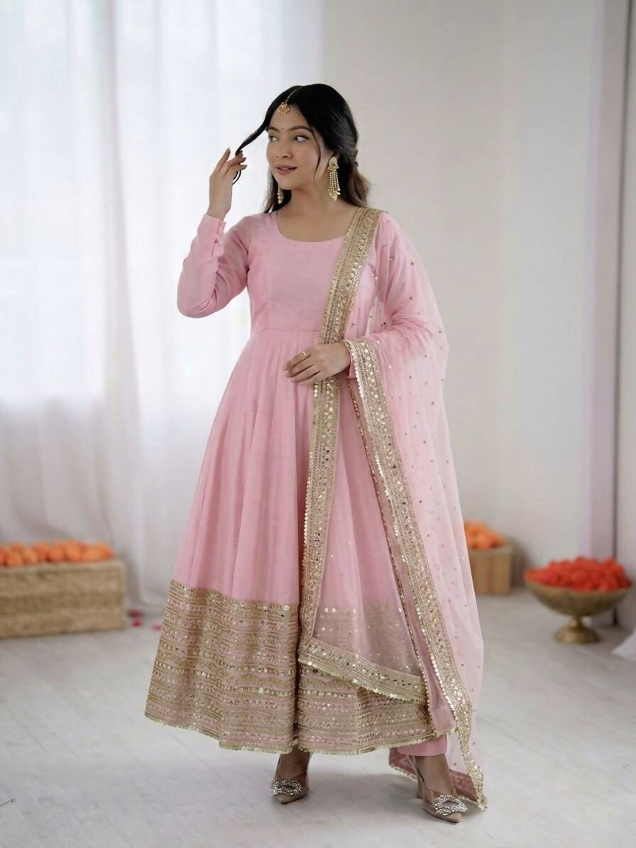 Teeya Creation Womens New Pastel Pink Solid Anarkali Kurta With Heavy Embroidered Border Gown Set | Grocsy