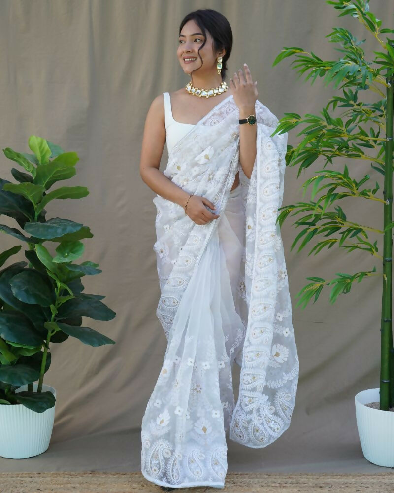 Vamsee Amisha White Organza Saree | Grocsy