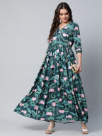 Ahalyaa Women Dark Green Crepe Digital Print Dress | Grocsy