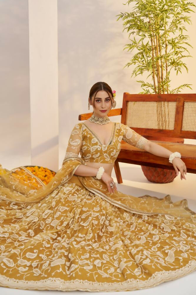 Aastha Fashion Light Golden Butterfly Net White Cotton Thread Work And Sequence Work Embroidery Wedding Wear Lehenga Choli | Grocsy